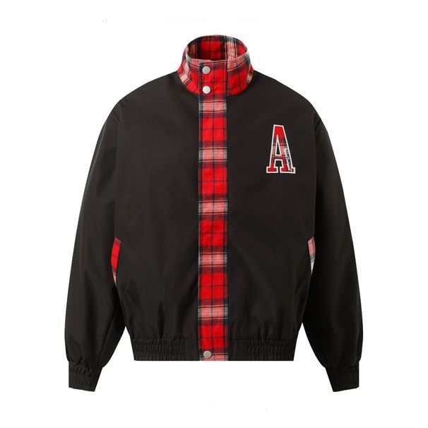ARESWINGS American Retro Letter Plaid Patchwork Couple Loose Versatile Stand Collar Flight Jacket Men_viptrois.com