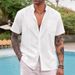 Men's Clothing Summer Long Sleeved Men's Shirts For Teenagers At Home In Solid Color Cotton And Linen Short Sleeved Lapel Shirt Tops_viptrois.com