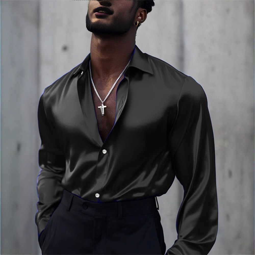 Men's Clothing Spring And Autumn New European And American Men's Solid Color Long Sleeve Shirt Home Leisure Silky Fashion Shirt Cross Border Men_viptrois.com