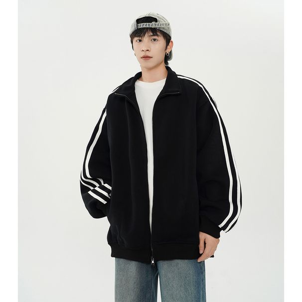 Men's Clothing American Streetwear Casual Stand Up Collar Striped Cardigan Sweatshirt Men's High Street Style Vibe Cool Loose Jacket Top_viptrois.com