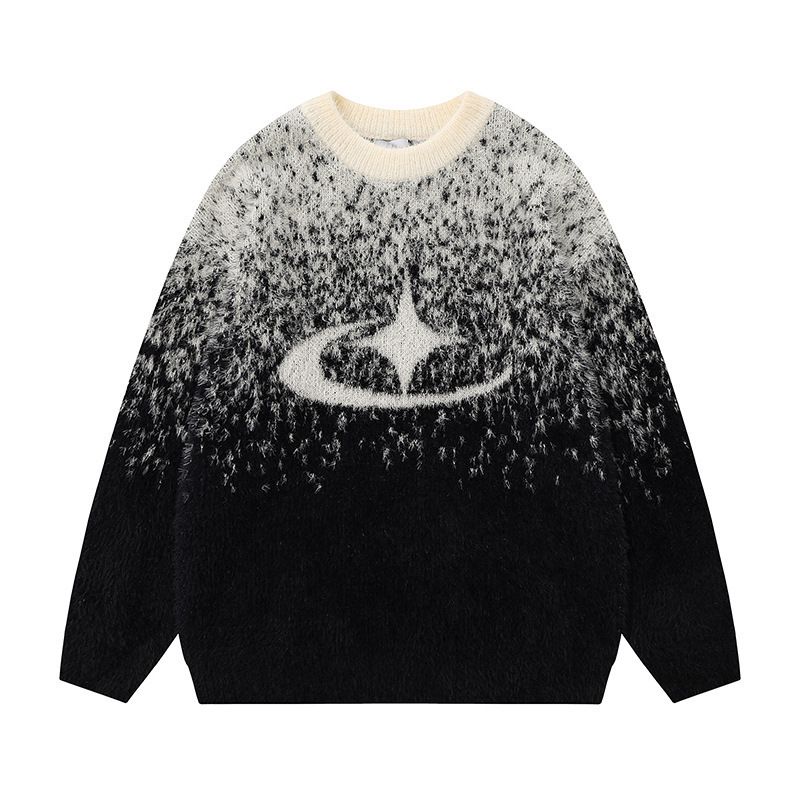 Men's Gradient Crewneck Sweater – American Streetwear Style, Loose Fit Pullover For Autumn & Winter (Black, Gray, S-XL)_viptrois.com