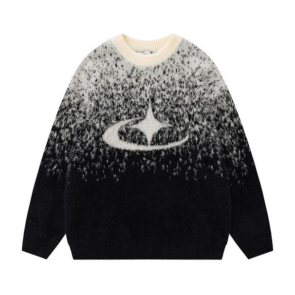 Men's Gradient Crewneck Sweater – American Streetwear Style, Loose Fit Pullover For Autumn & Winter (Black, Gray, S-XL)_viptrois.com