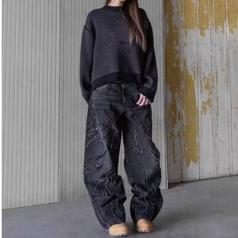 Men's Clothing Retro Bat Pattern Embroidery Loose Jeans Men Street Fashion Pants Slouchy Jeans_viptrois.com