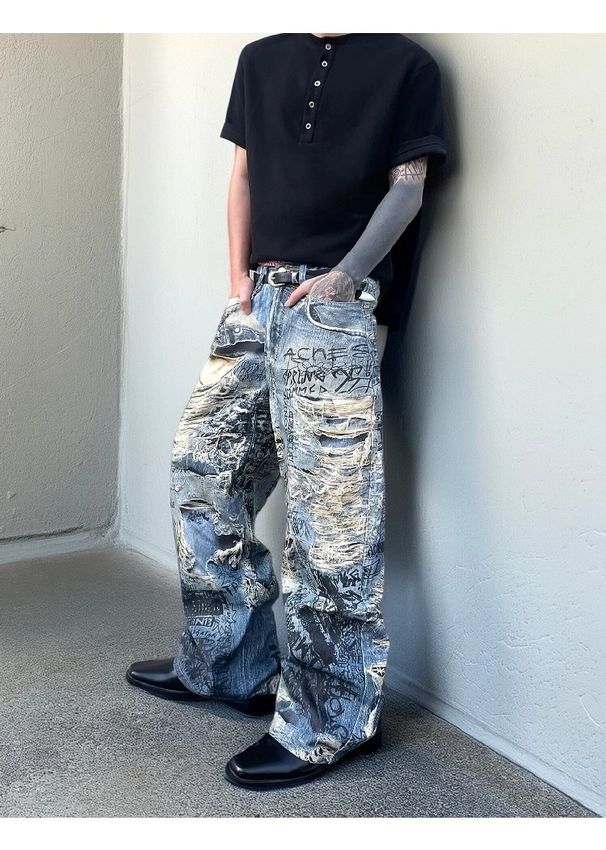 Summer New Illusion Distressed 3D Printed Digital Jeans Loose Trendy Design Versatile Long Pants_viptrois.com