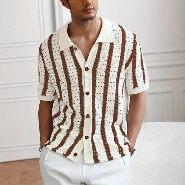 Hollow Vertical Striped Lapel Sweater Knitted Sweater Short Sleeved T Shirt Men's POLO Shirt Men's Cardigan_viptrois.com