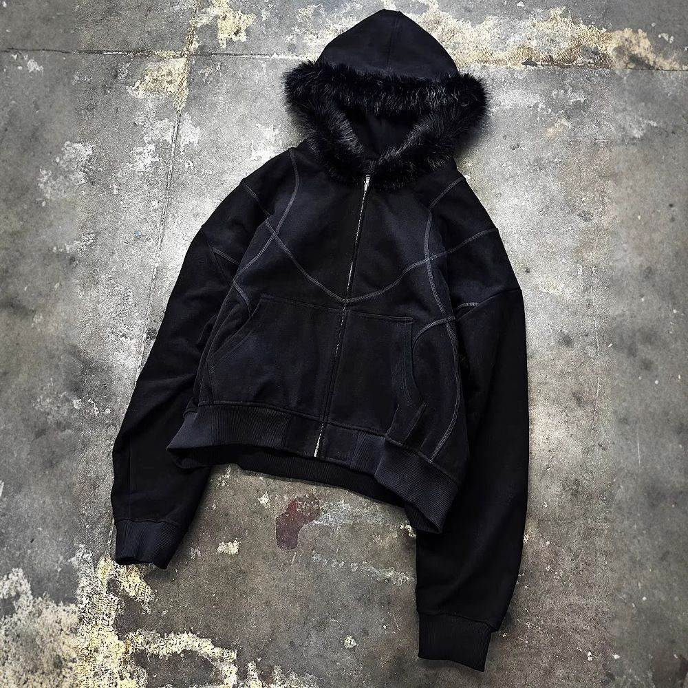 Men's Clothing European And American Fluffy Hat Sweatshirt Printed Pattern Long Sleeved Cardigan Hoodie Retro Style Jacket Street Trend Y2k_viptrois.com