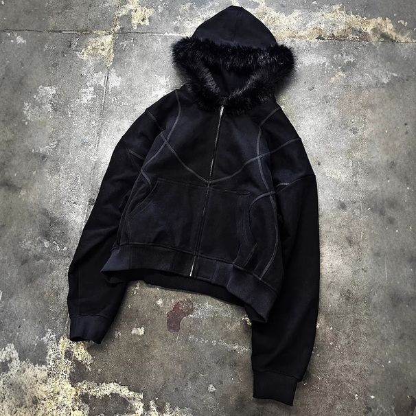 Men's Clothing European And American Fluffy Hat Sweatshirt Printed Pattern Long Sleeved Cardigan Hoodie Retro Style Jacket Street Trend Y2k_viptrois.com