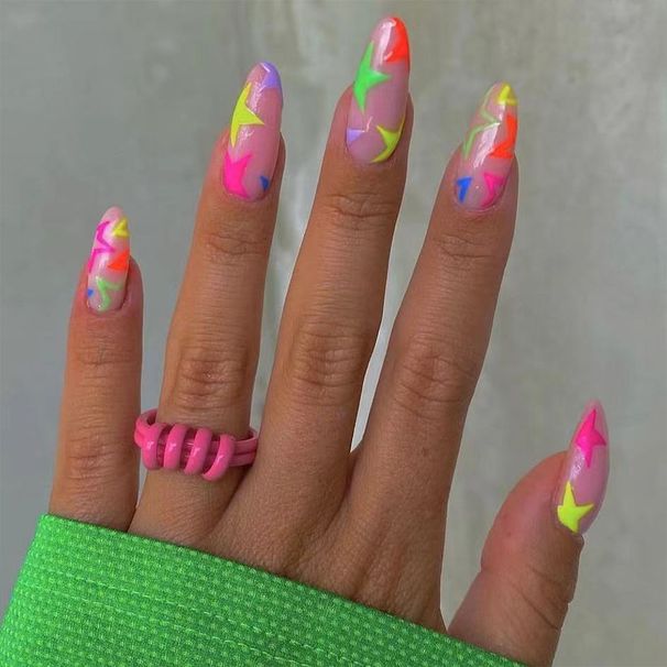 Wearing nail art short bright almond armor colorful contrast color star temperament all-match nail art piece Europe and the United States foreign trad_viptrois.com
