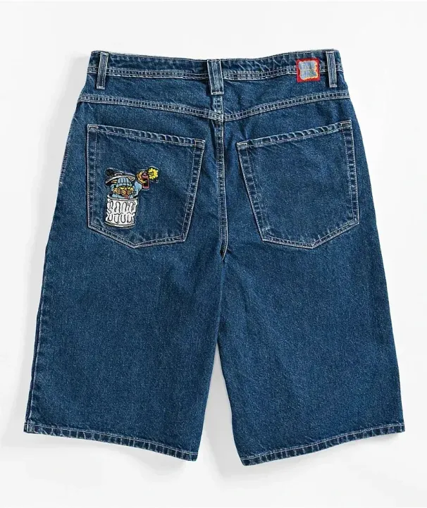 Y2K Products Ultra Loose Blue Denim Skate Shorts Cowboy Skateboard Cartoon Embroidery Pants HipHop Street Jeans_viptrois.com