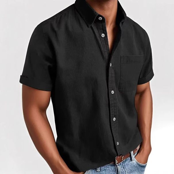 Men's Clothing Lapel Solid Color Pocket Single Breasted Shirt Short Sleeve Washed Shirt Tops_viptrois.com