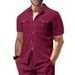 Men's Clothing Waffle Short Sleeved Casual Solid Color Lapel Button Pocket Versatile Shirt_viptrois.com
