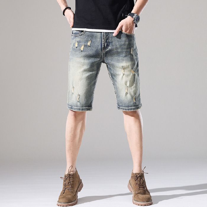 Men's Clothing Summer Retro Hole Denim Shorts Men's Loose Five Point Pants Men's Trendy Brand Five Point Pants Mid Length Pants_viptrois.com