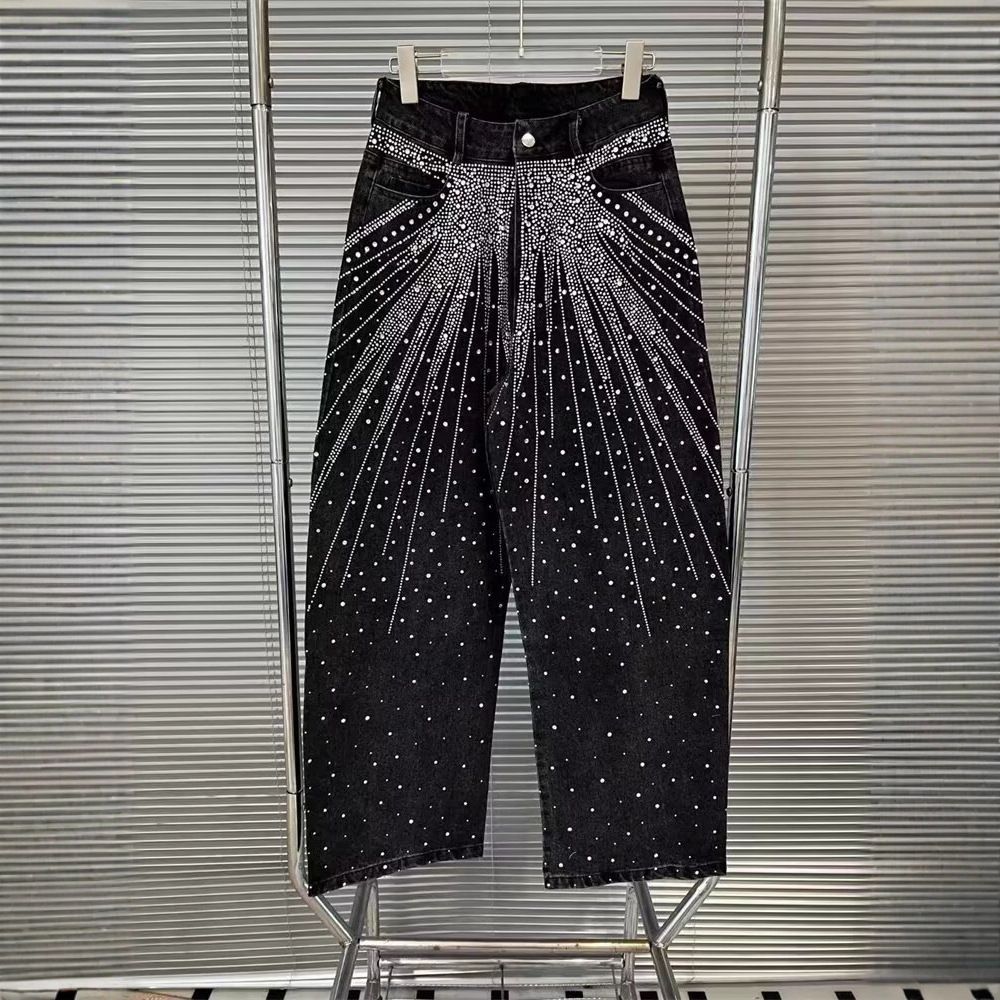 "Vintage Star-Studded Jeans – Distressed Washed Denim With Rhinestone Embellishments (Relaxed Straight Fit, High Waist, Unisex Streetwear)"_viptrois.com