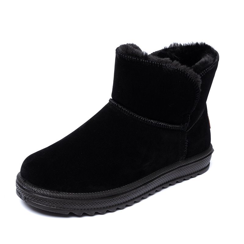 Snow boots winter new round head middle top suede flat with brown low cylinder leisure with pile thickened snow cotton_viptrois.com