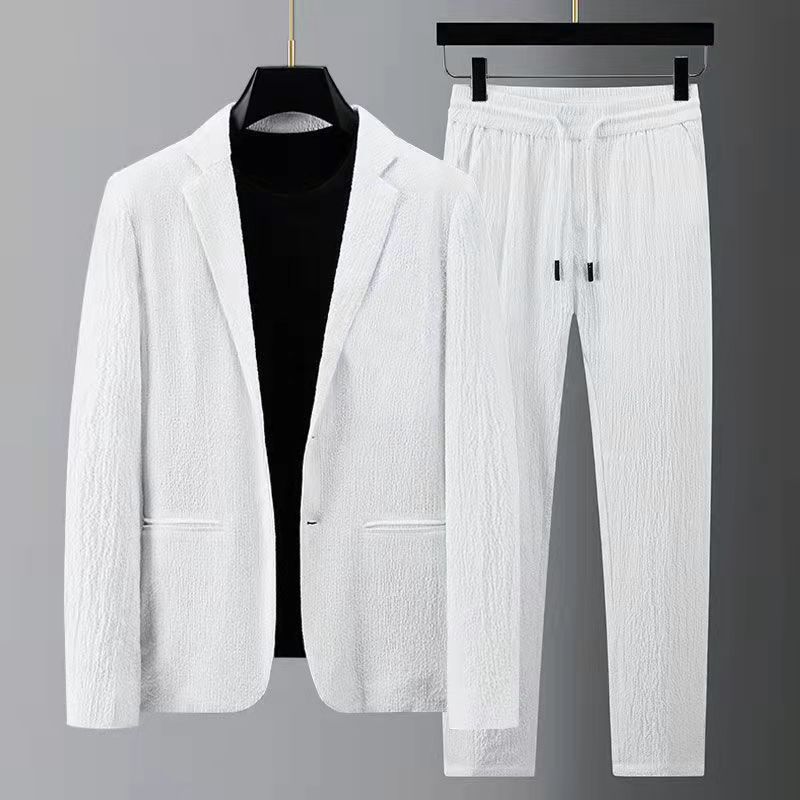 Men's Spring And Summer Light Striped Pleated Youth Fashion Trend White Men's Casual Suit_viptrois.com