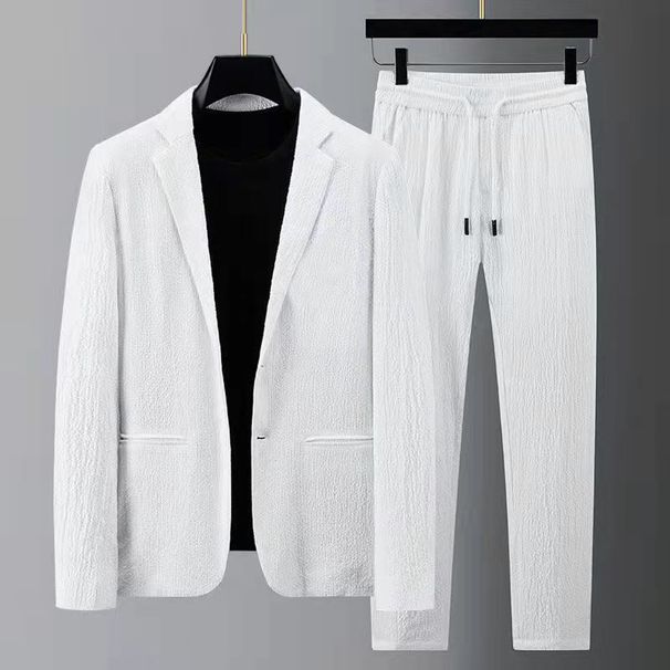 Men's Spring And Summer Light Striped Pleated Youth Fashion Trend White Men's Casual Suit_viptrois.com