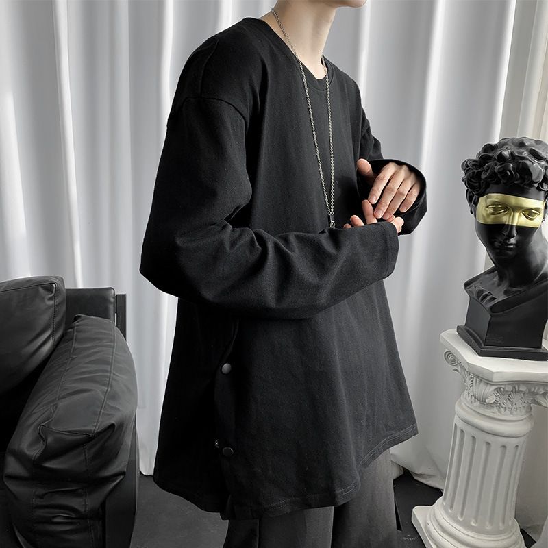 Spring And Autumn Side-breasted Sweater Men's Ins Crew Neck Pullover Versatile Trend Hong Kong Trend Loose Long Sleeve T-Shirt Top_viptrois.com