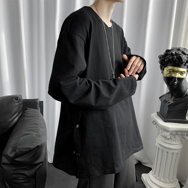 Spring And Autumn Side-breasted Sweater Men's Ins Crew Neck Pullover Versatile Trend Hong Kong Trend Loose Long Sleeve T-Shirt Top_viptrois.com