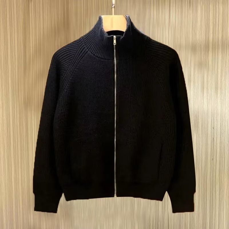 Men's Stylish High-Neck Zip-Up Knit Cardigan Warm Winter Pullover Sweater With Stand Collar, Breathable & Stretchable, Casual Chic For Urban Fashion_viptrois.com