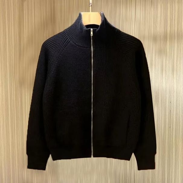 Men's Stylish High-Neck Zip-Up Knit Cardigan Warm Winter Pullover Sweater With Stand Collar, Breathable & Stretchable, Casual Chic For Urban Fashion_viptrois.com