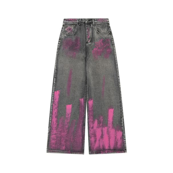 Painted Inkjet Wide-Leg Jeans For Men High Street Trend Washed Vintage Design Loose Casual Straight-Leg Pants_viptrois.com