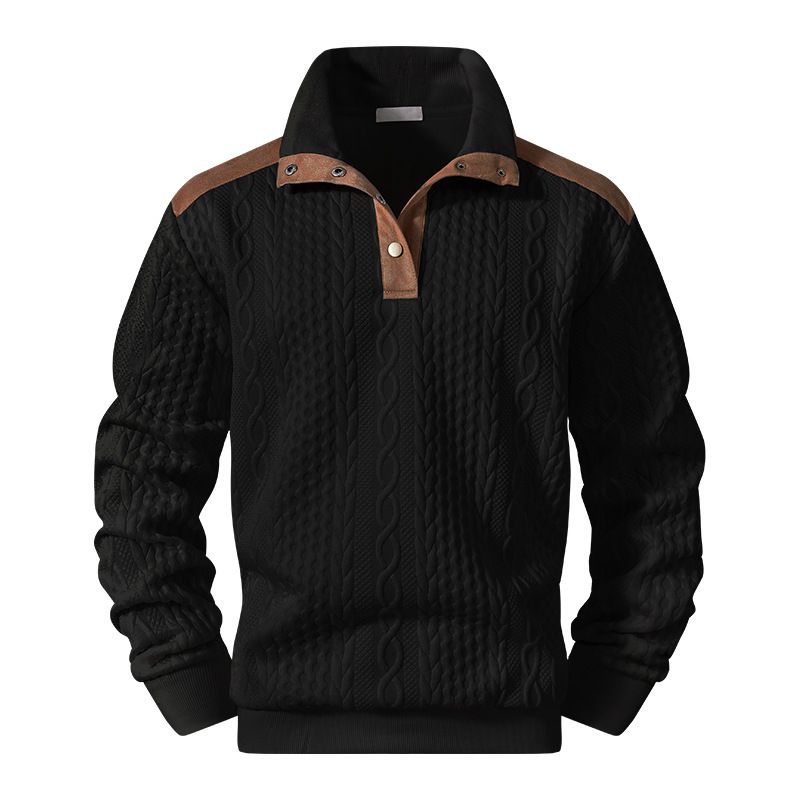 Men's Clothing Half-Zip Button-Up Sweatshirt – Stylish Contrast Trim Stand Collar Top For Casual & Outdoor Wear (S-3XL, Black/White/Khaki)_viptrois.com