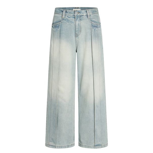Punk Washed Gradient Jeans For Men, Wide-Leg Straight Long Pants, Distressed And Ripped, Deconstructed Split Design_viptrois.com