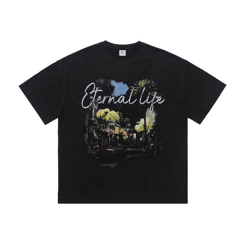 American Style Washed Vintage Print Drop-Shoulder Loose Fit Couple T-Shirt_viptrois.com