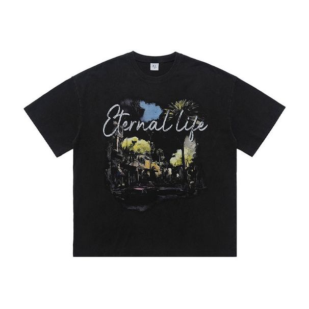 American Style Washed Vintage Print Drop-Shoulder Loose Fit Couple T-Shirt_viptrois.com