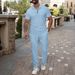 Men's Clothing Summer New Men's Solid Color Jacquard Lapel Button Short Sleeved Polo Shirt Trousers Casual Suit_viptrois.com