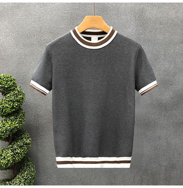 2025 Summer New Style Casual Top, White Round Neck Striped Spring Short Sleeve Sweater, Men's Knit Shirt_viptrois.com