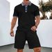 Men's Clothing Waffle Print Collar Sleeved Shorts Casual Two Piece Suit_viptrois.com