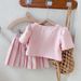 Kids Clothing Girls Clothing Small Bowknot Short Sleeves Plus Pleated Skirt Two Piece Set_viptrois.com