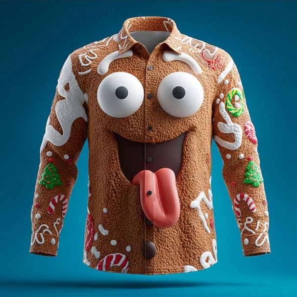 Men's Long Sleeve Button-Down Shirt With 3D Christmas Print, Polyester Blend, For Outdoor Vacations & Spring/Fall_viptrois.com