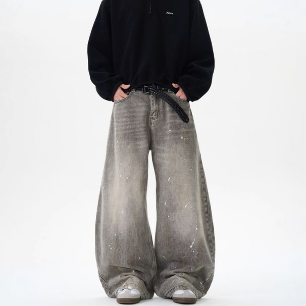 Men's Washed And Used, Splashed Ink Curved Jeans , Trendy Brand American Street Style Loose Casual Versatile Long Pants_viptrois.com
