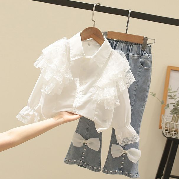 Girls Spring And Autumn Children's Lace Lapel Long Sleeve Shirt + Bow Nailed Jeans Two Sets_viptrois.com