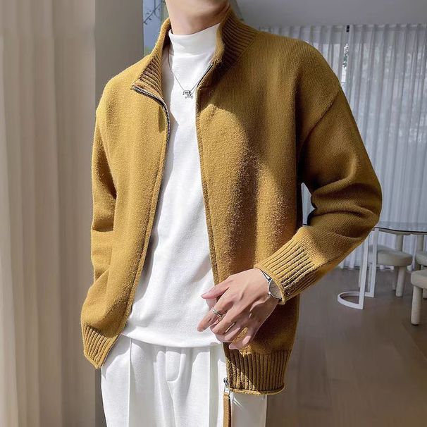 Men's British-Style Knit Jacket - Zip-Up Stand Collar Sweater (Black/Mustard/Green, M-XXXL)_viptrois.com