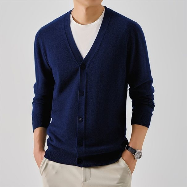 Pulse Cross-Border Autumn Winter Men's V-Neck Solid Color Knitted Long Sleeve Middle-Aged Simple Business Casual Inner_viptrois.com