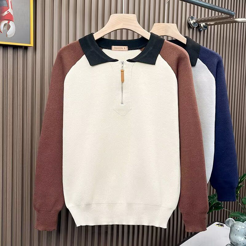 Men’s Japanese-Korean Hybrid Half-Zip Sweater – Contrast Lapel Polo Collar Pullover (Greyish/Apricot, M-3XL)_viptrois.com