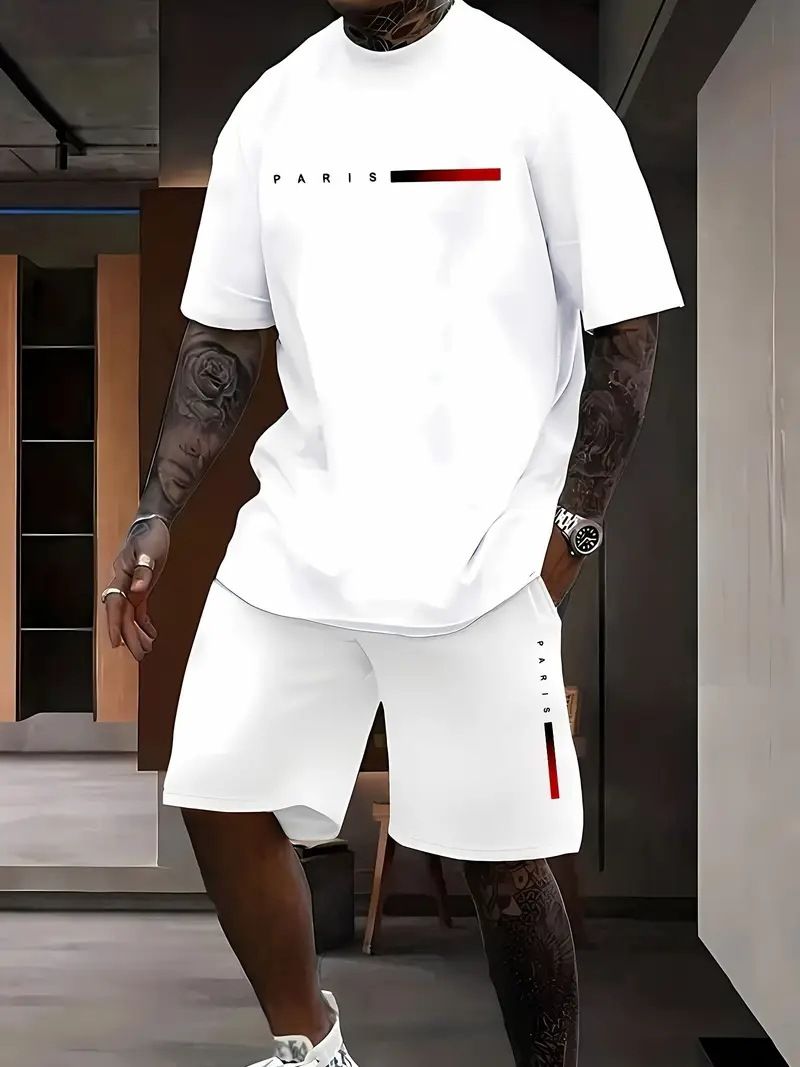 Men's Clothing Short Sleeved Suits Fashion Trend Chest Design T Shirt Shorts Two Piece Suit_viptrois.com