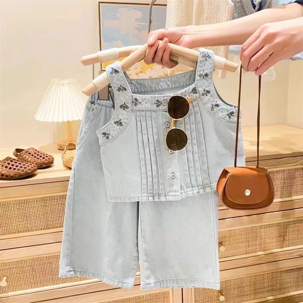 Kids Clothing girls vest suit children's embroidered flower top suspenders jeans_viptrois.com