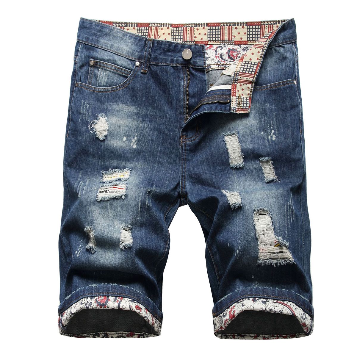 Men's summer trendy style frayed hole lining patch hand-painted horsetail craft three-dimensional whiskers straight jeans for men_viptrois.com