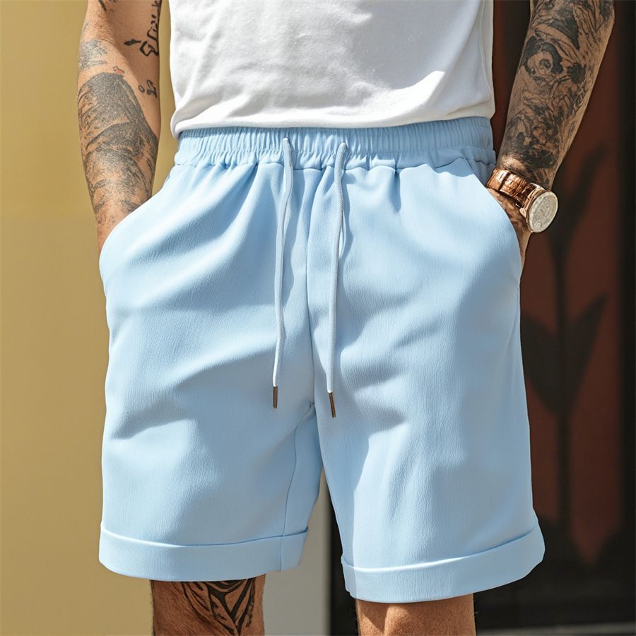 Men's Summer Shorts High Street Pleated Casual Pants Straight Leg Plain Comfortable Breathable Shorts_viptrois.com