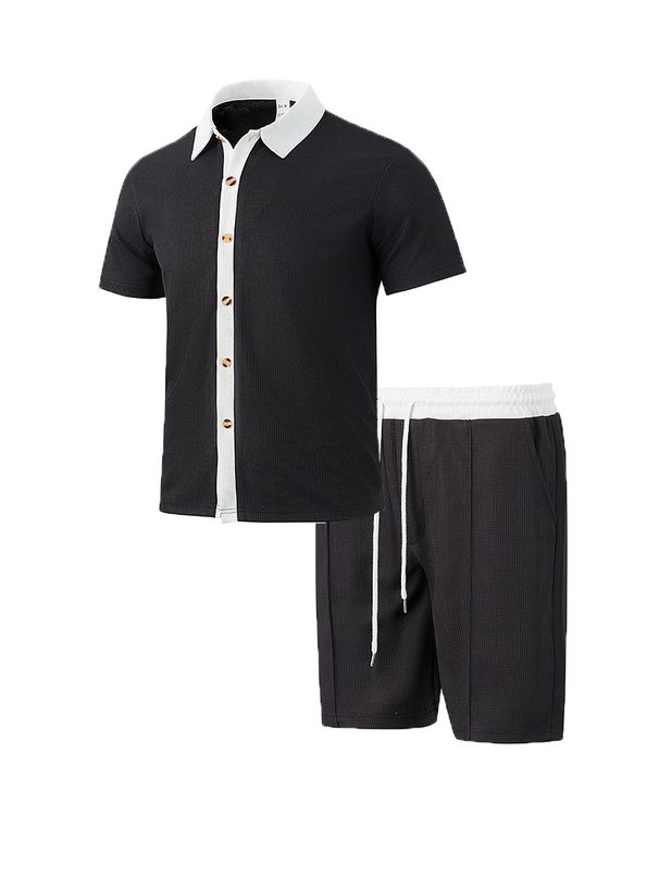 Men's New Short-sleeved Shorts Suit Waffle Color Collision Leisure Beach Outdoor Short-sleeved Shirt Suit_viptrois.com
