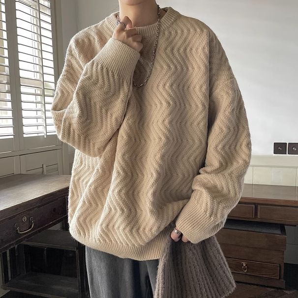 Autumn And Winter Texture Solid Color Knitted Sweater Men's Sweater Round Neck Thread Jacket_viptrois.com