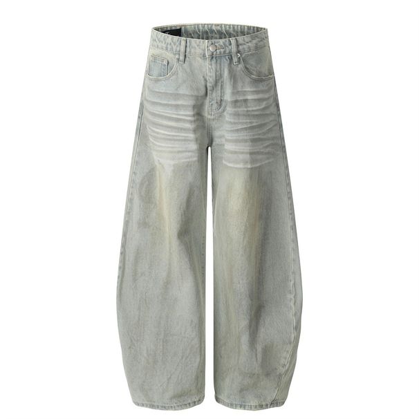 Vintage Distressed Scimitar Jeans For Men Street Style Ins Hip Hop Washed Heavy Loose Wide-Leg Long Pants_viptrois.com