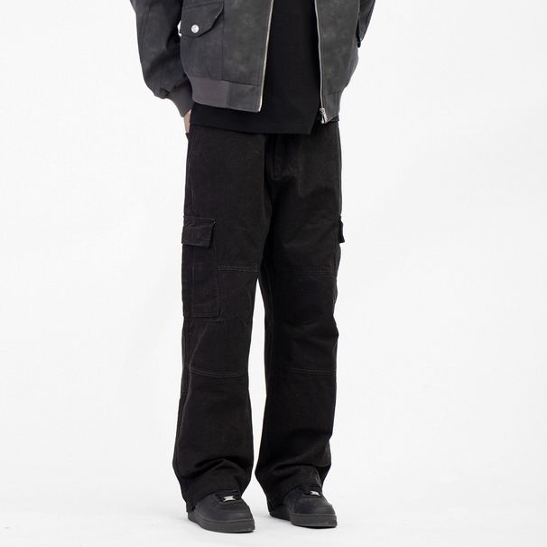 Men's Cotton Cargo Pants – Relaxed Fit Straight-Leg Workwear Trousers (Multi-Pocket, Adjustable Belt, Classic Khaki/Black)_viptrois.com