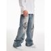 Men's Washed Denim Pants Spring Autumn Swallow New Style Heart Graffiti Print Loose Straight Leg Slightly Elastic_viptrois.com