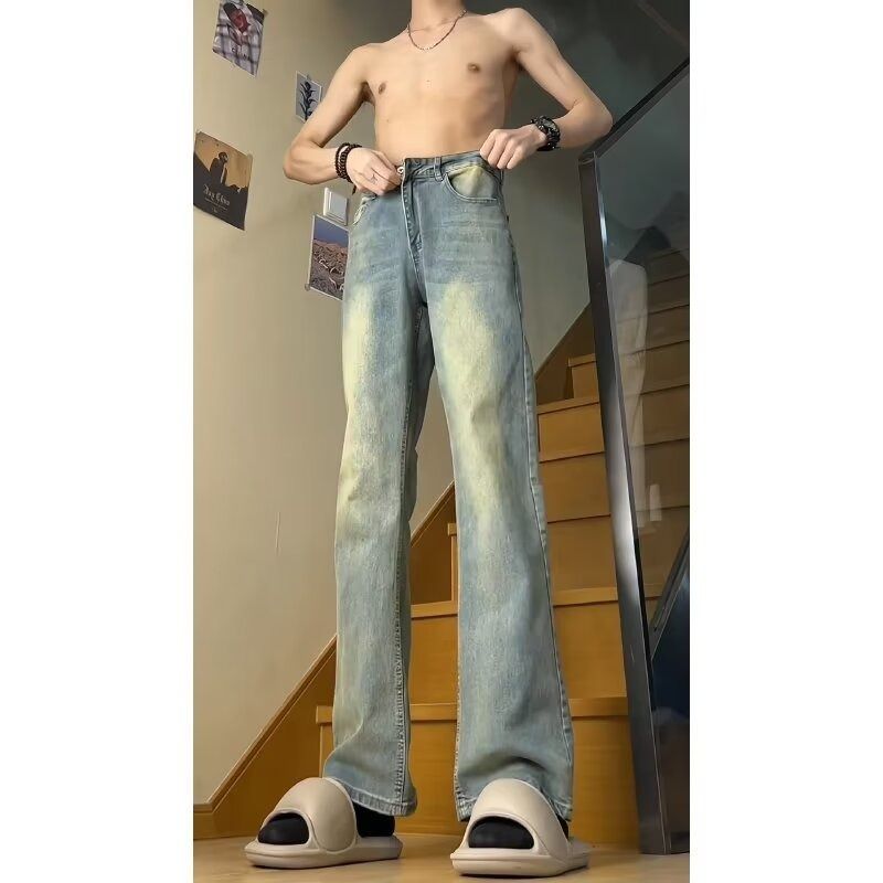 "Streetwear Men's Jeans – Distressed Washed Straight-Leg Trousers With Relaxed Fit & Slight Flare (Vintage Fade, Retro Styling, Urban Casual)"_viptrois.com