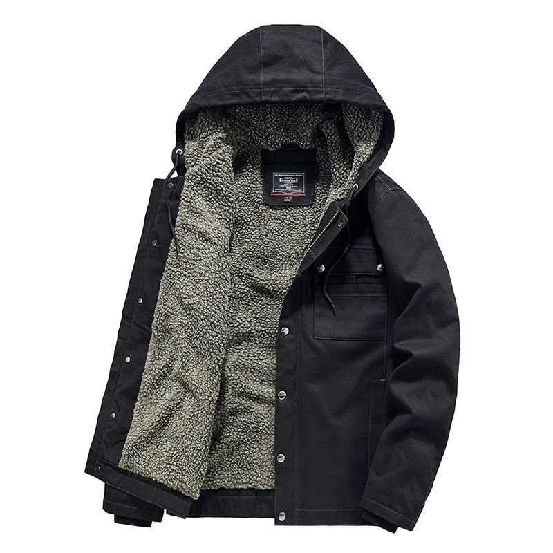 Men's Winter Workwear Jacket – Thickened Fleece-Lined Hooded Coat With Sherpa Collar For Extreme Cold Weather_viptrois.com